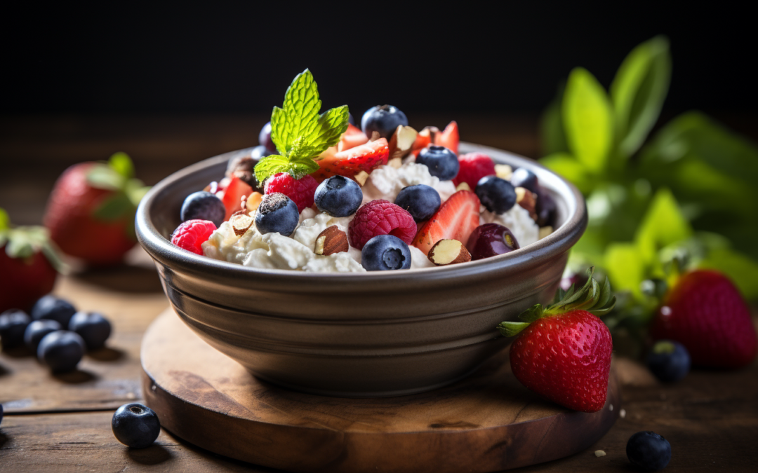a bowl of fruit and cream cheese