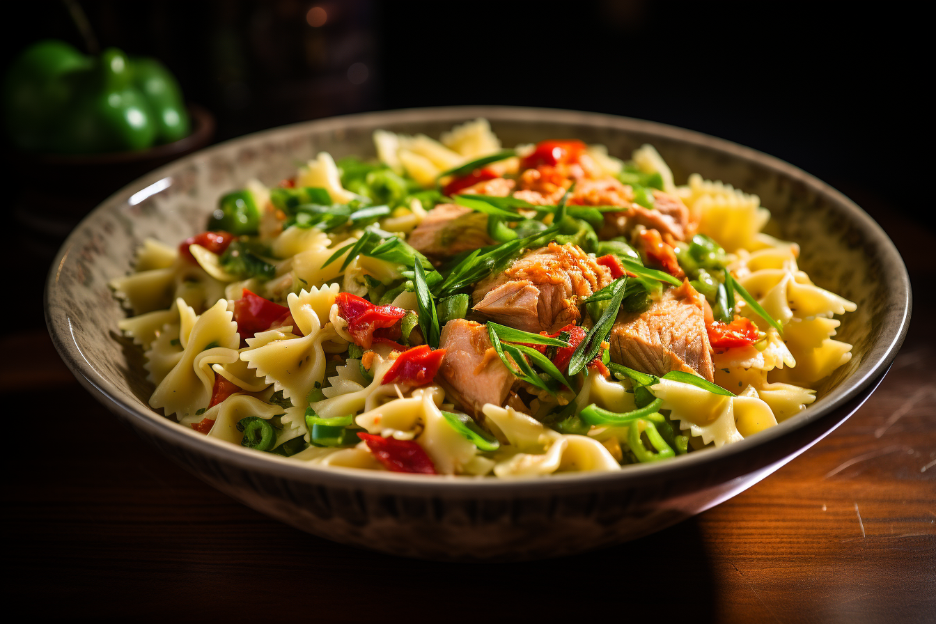 a bowl of pasta with meat and vegetables